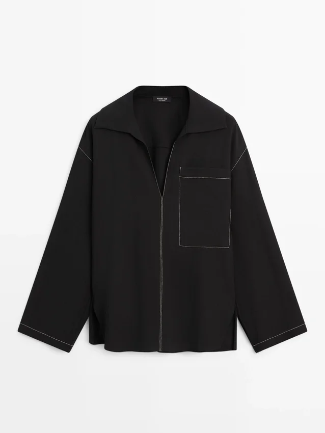 Fließendes Overshirt aus Wollmischung mit Taschendetails Fließendes Overshirt aus Wollmischung mit Taschendetails