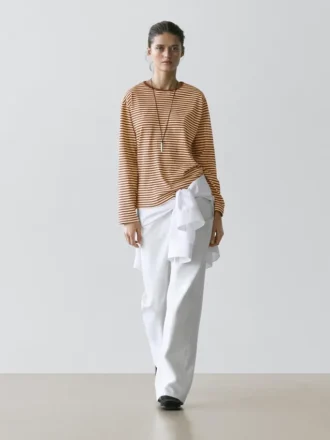 Gestreiftes Langarm-Baumwoll-T-Shirt