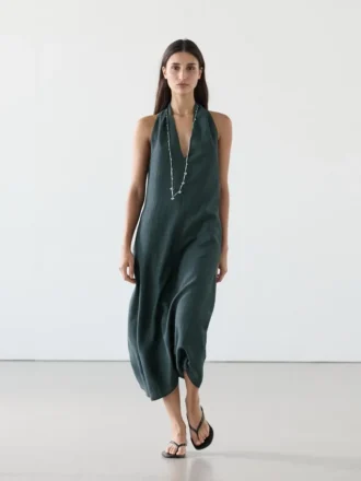 Midi-Kleid aus Leinenmischung mit V-Ausschnitt